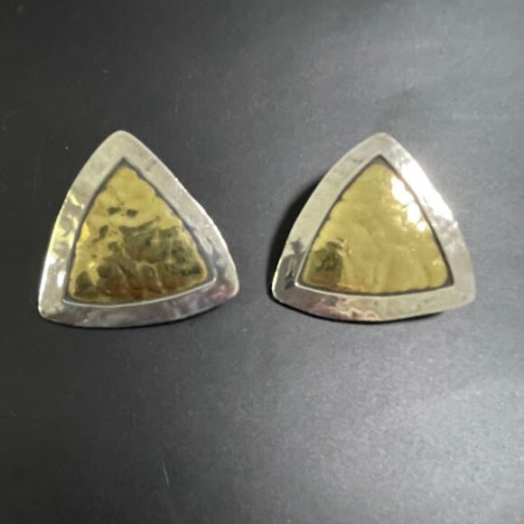 Vintage Jeep Collins Triangle Earrings Sterling Silver Brass Modernist Clip On - Picture 16 of 16